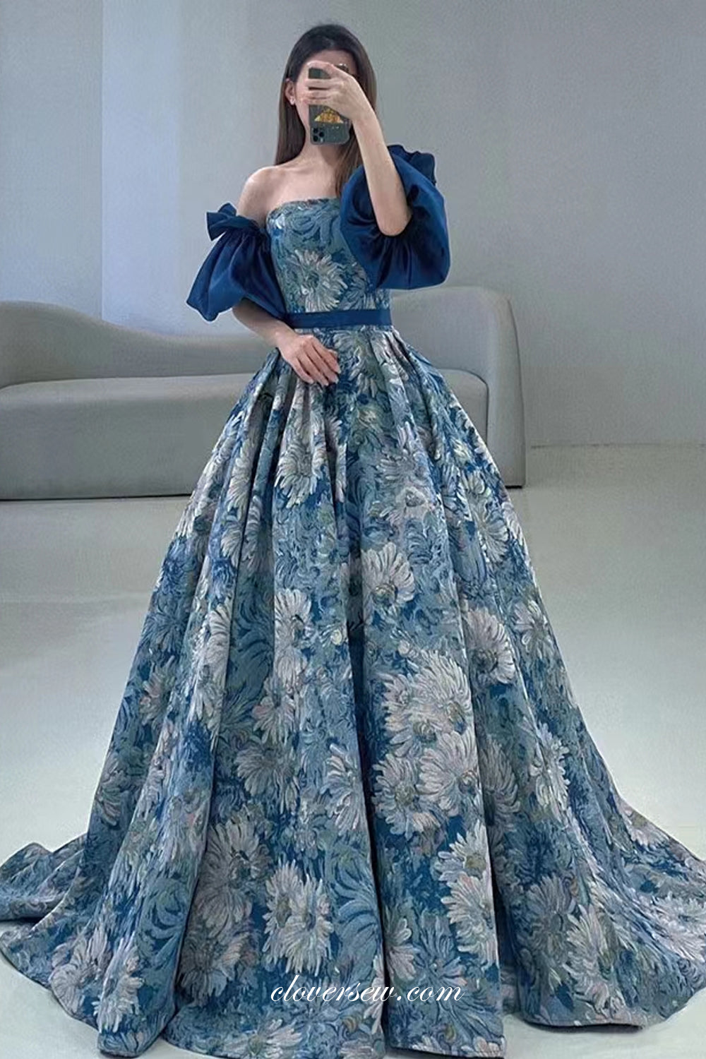 Floral Printed Satin Strapless With Detachable Sleeves Prom Dresses, CP0835