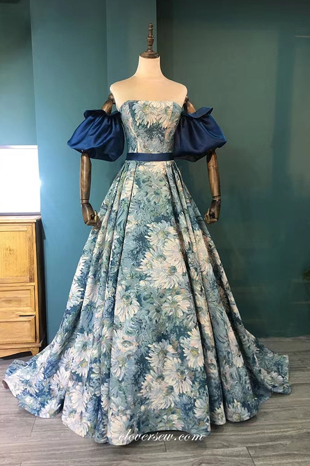 Floral Printed Satin Strapless With Detachable Sleeves Prom Dresses, C clover sew Floral Printed Satin Strapless With Detachable Sleeves Prom Dresses, C clover sew