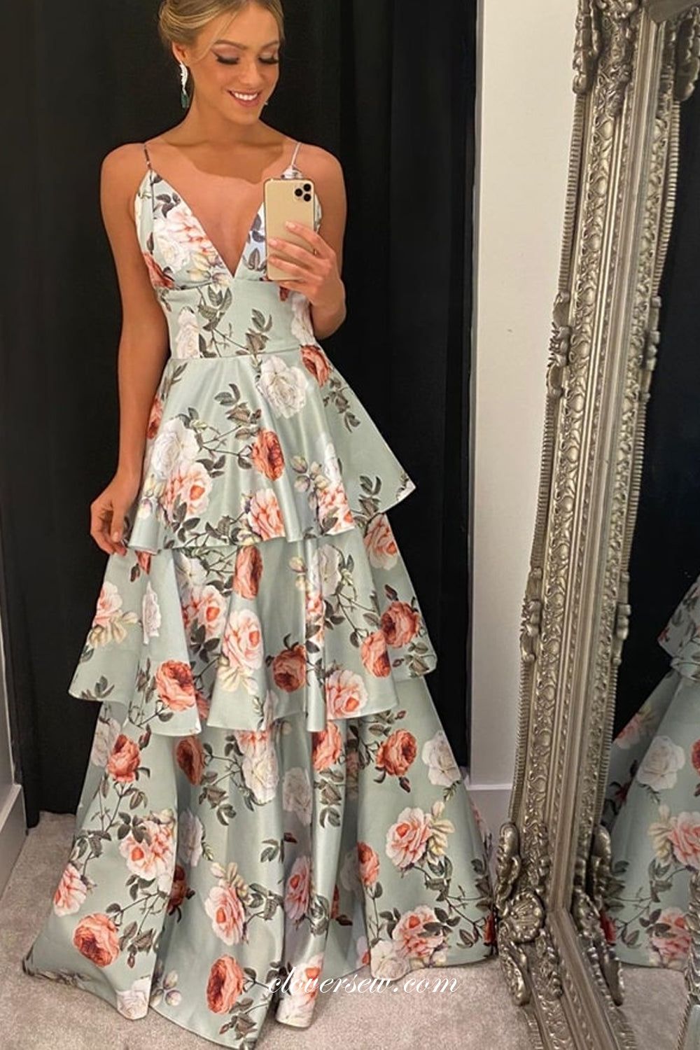 floral satin prom dress A-Line Strapless Floor-Length Floral White Satin Prom Dresses with Poc QueenaBridal