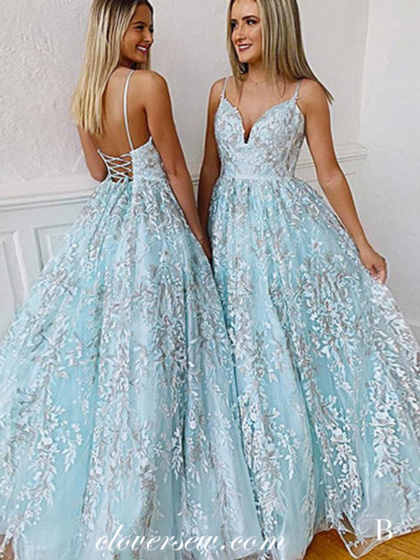Floral Lace Spaghetti Strap Lace Up Back A-line Prom Dresses, CP0127