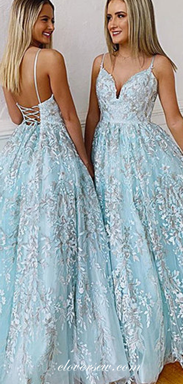 Floral Lace Spaghetti Strap Lace Up Back A-line Prom Dresses, CP0127 Floral Lace Spaghetti Strap Lace Up Back A-line Prom Dresses, CP0127