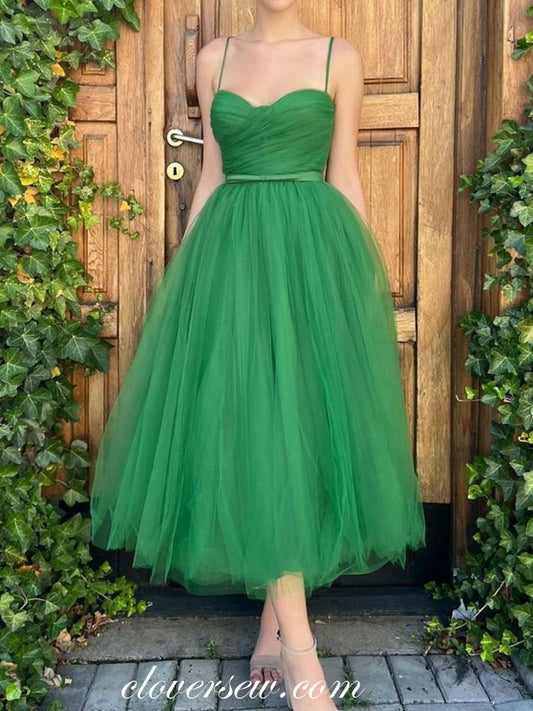 Forest Green Pleating Tulle Spaghetti Strap Tea-length Party Dresses, CP0841