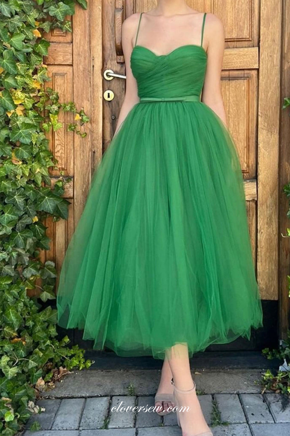 Forest Green Pleating Tulle Spaghetti Strap Tea-length Party Dresses, CP0841