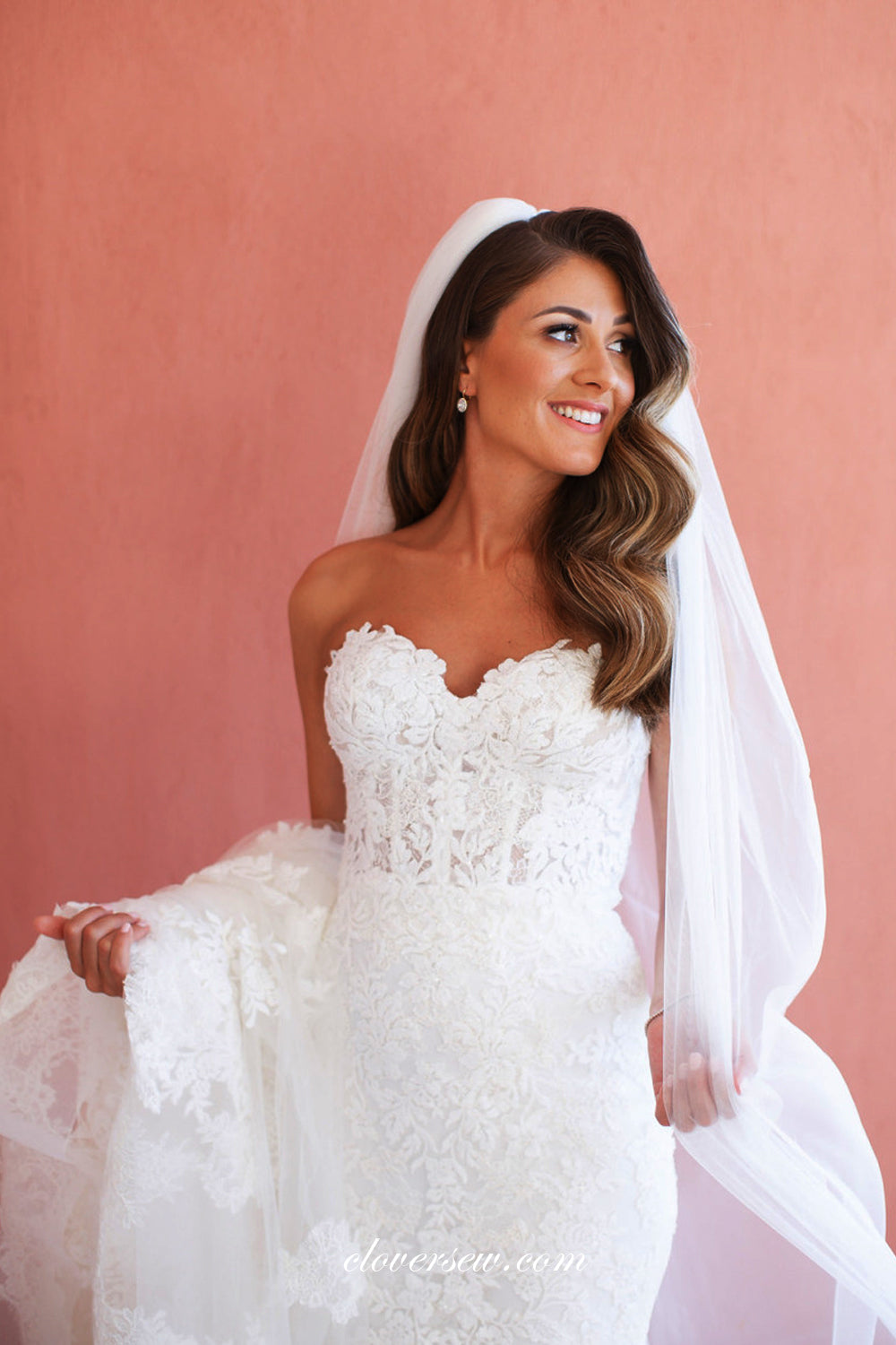 Fully Lace Applique Sweetheart Strapless With Stunning Train Wedding Dresses, CW0310