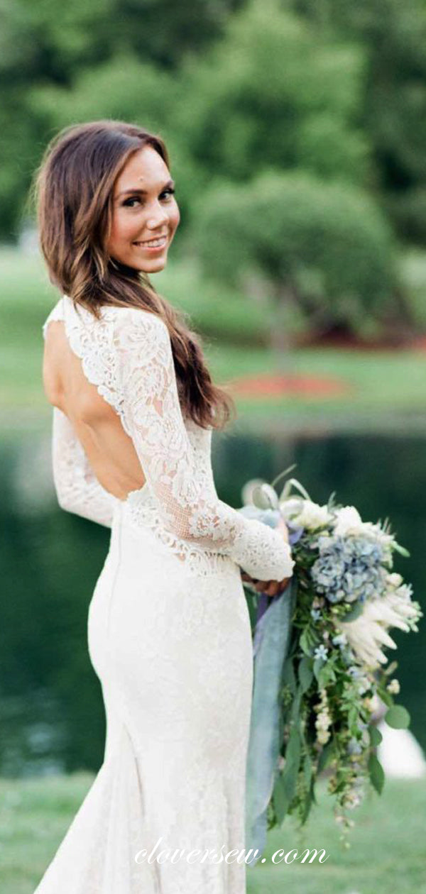 Fully Lace Long Sleeves Open Back Mermaid Wedding Dresses,CW0130