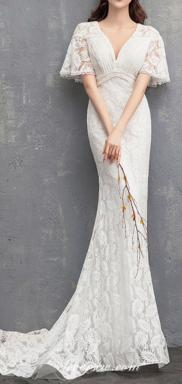 Fully Lace High Waist Half Sleeves Mermaid Elegant Wedding Dresses, CW clover sew Fully Lace High Waist Half Sleeves Mermaid Elegant Wedding Dresses, CW clover sew