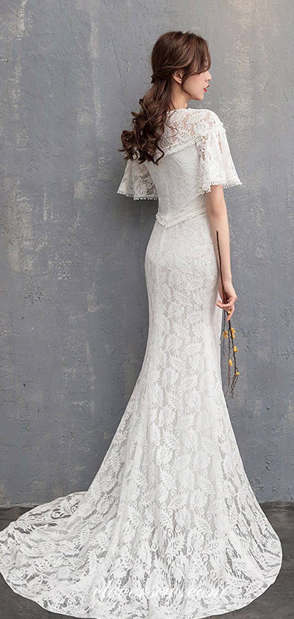 Fully Lace High Waist Half Sleeves Mermaid Elegant Wedding Dresses, CW0066