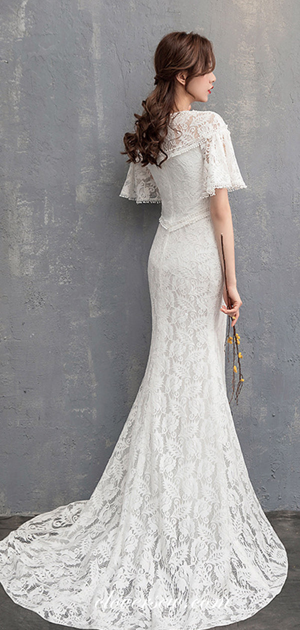 Fully Lace High Waist Half Sleeves Mermaid Elegant Wedding Dresses, CW clover sew Fully Lace High Waist Half Sleeves Mermaid Elegant Wedding Dresses, CW clover sew