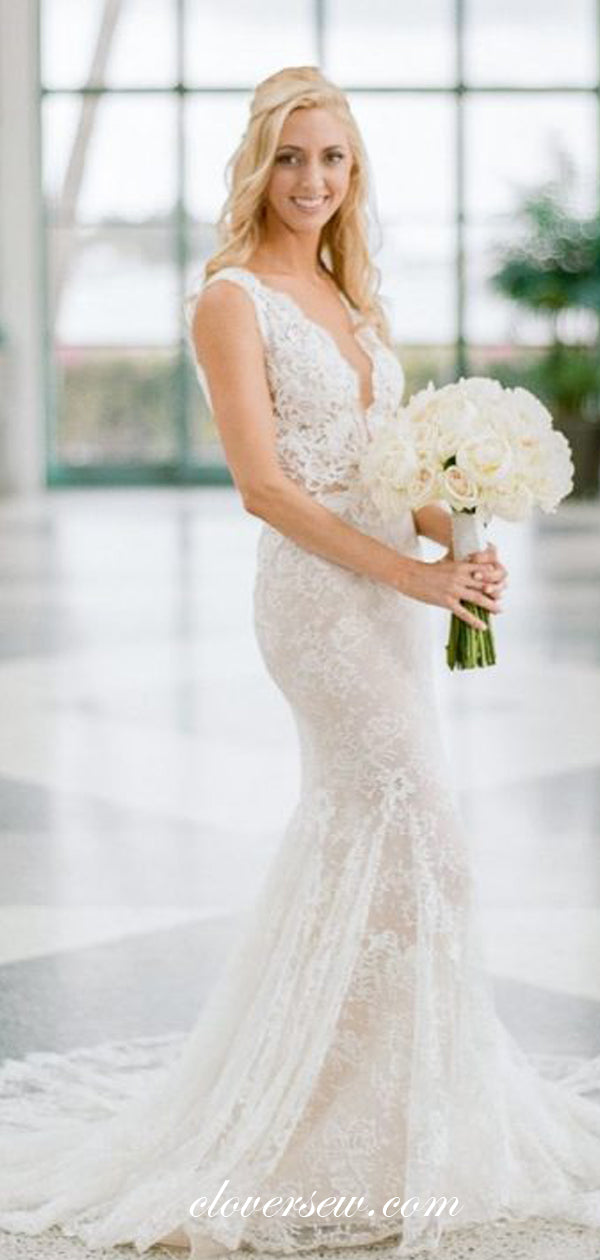 Fully Lace Sleeveless V-back Mermaid Elegant Wedding Dresses,CW0081