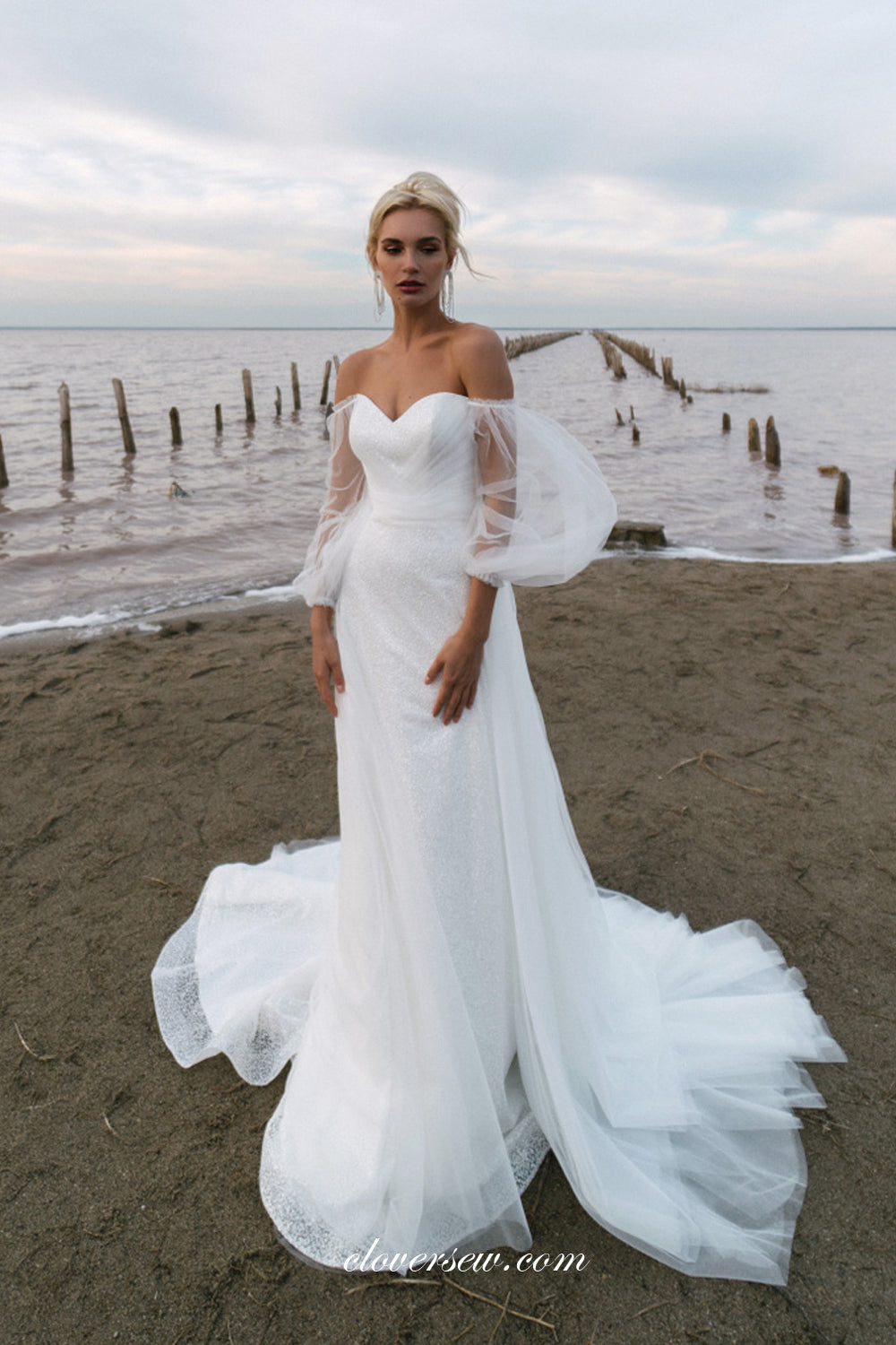 Glitter Tulle Off The Shoulder Shiny Beach Wedding Dresses, CW0347 Glitter Tulle Off The Shoulder Shiny Beach Wedding Dresses, CW0347