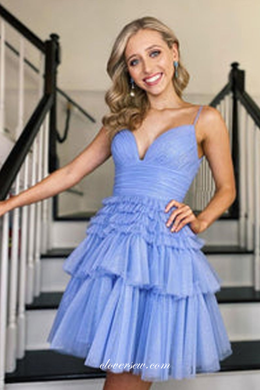 Glitter Tulle Pleating Tiered V-neck A-line Mini Birthday Party Dresses, CP0985