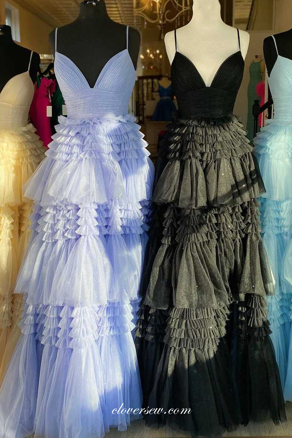 Glitter Tulle Tiered High Slit A-line V-neck Spaghetti Strap Prom Dresses, CP0941