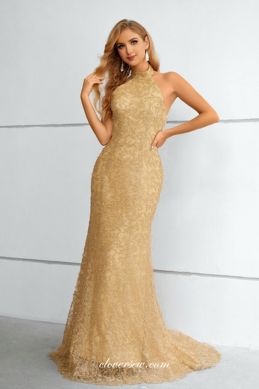 Gold 3D Embroidery Lace Halter Mermaid Elegant Prom Formal Dresses, CP0917