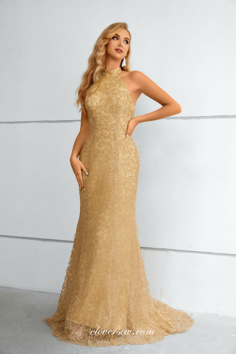 Gold 3D Embroidery Lace Halter Mermaid Elegant Prom Formal Dresses, CP0917