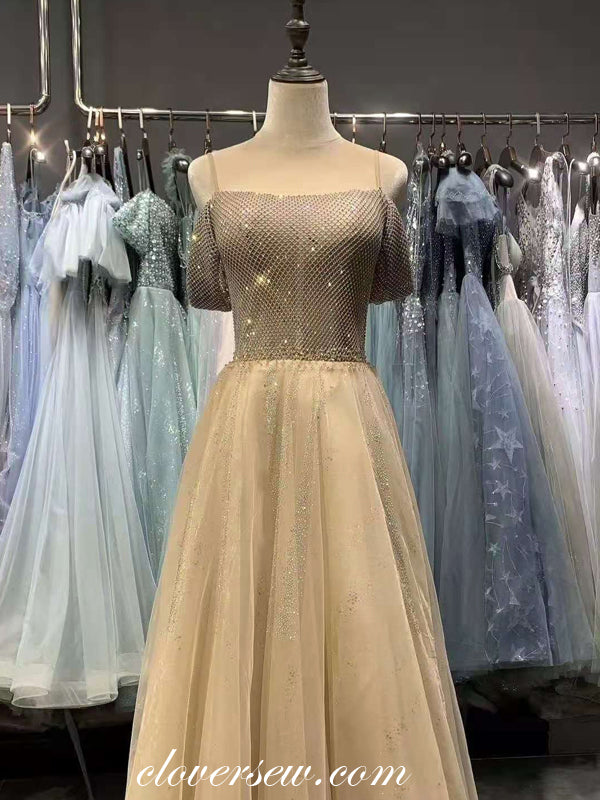 Gold Champagne Bead Shiny Tulle Gorgeous Prom Dresses, CP0661