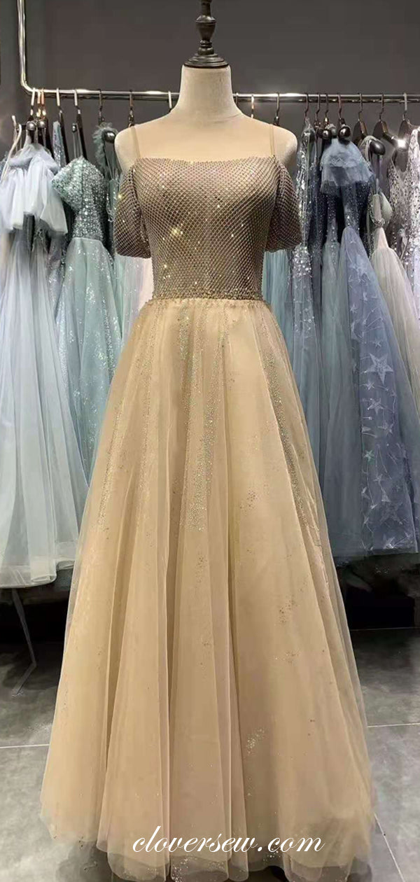Gold Champagne Bead Shiny Tulle Gorgeous Prom Dresses, CP0661