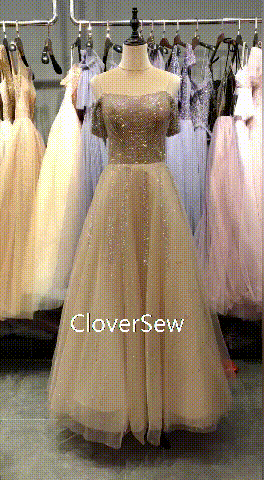 Gold Champagne Bead Shiny Tulle Gorgeous Prom Dresses, CP0661