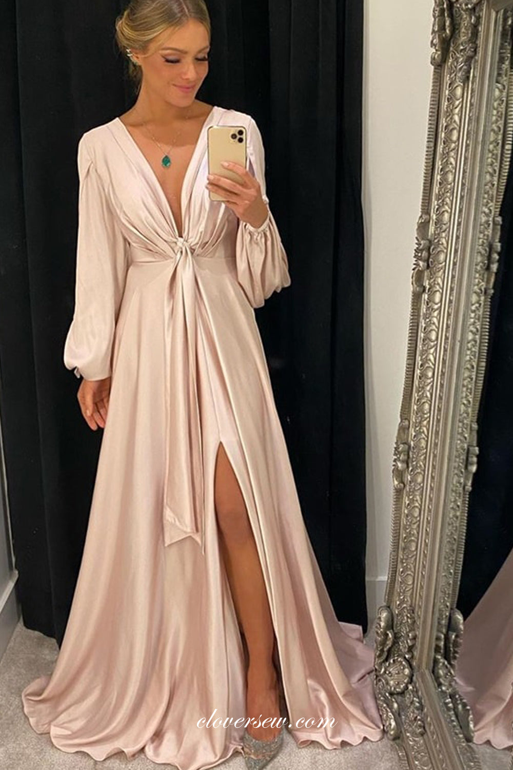 Gold Champagne Elastic Satin Long Sleeves Party Dresses, CP0673