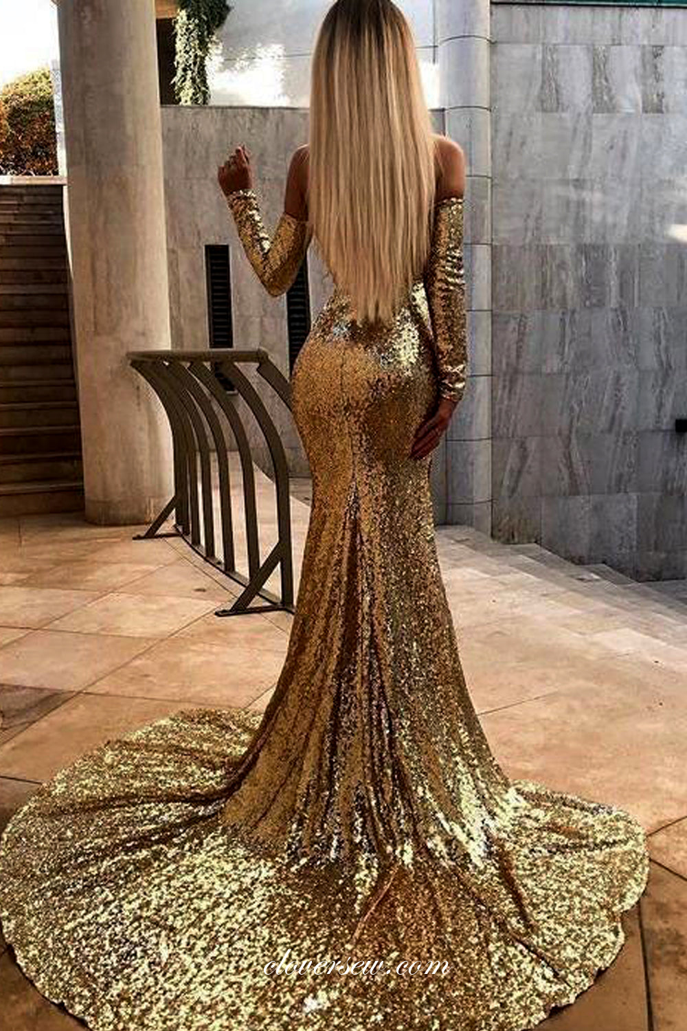 Gold Sequin Mermaid Sweep Train Long Sleeves Sparkly Prom Dresses, CP0 clover sew Gold Sequin Mermaid Sweep Train Long Sleeves Sparkly Prom Dresses, CP0 clover sew