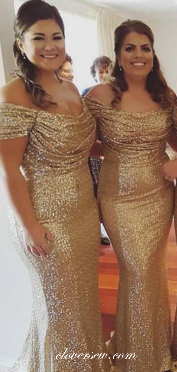 Gold Sequin Off The Shoulder Mermaid Shiny Bridesmaid Dresses,CB0168