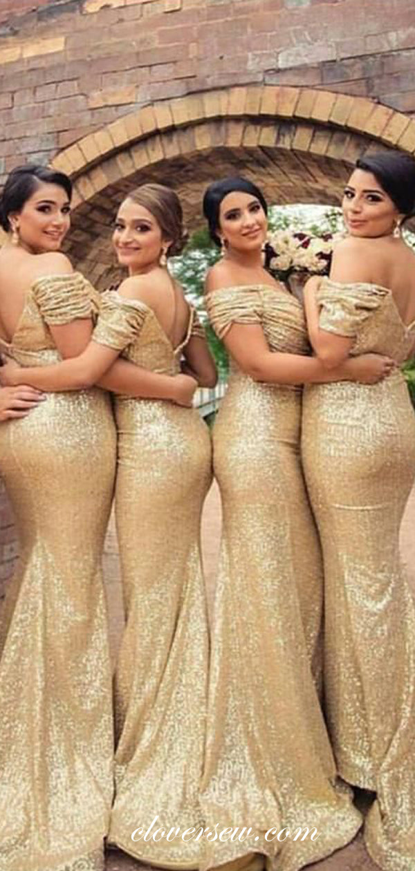 Missacc Gold Bridesmaid Gold Sequined Off-The-Shoulder Trumpet/Mermaid Bridesmaid Dresses With Ruffle Missacc Gold Bridesmaid Gold Sequined Off-The-Shoulder Trumpet/Mermaid Bridesmaid Dresses With Ruffle