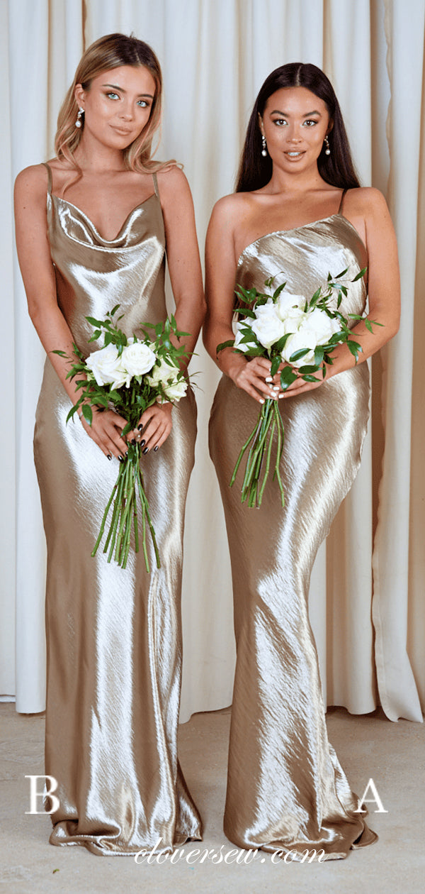 Gold Shiny Satin Mismatched Spaghetti Strap Sheath Bridesmaid Dresses, –  clover sew