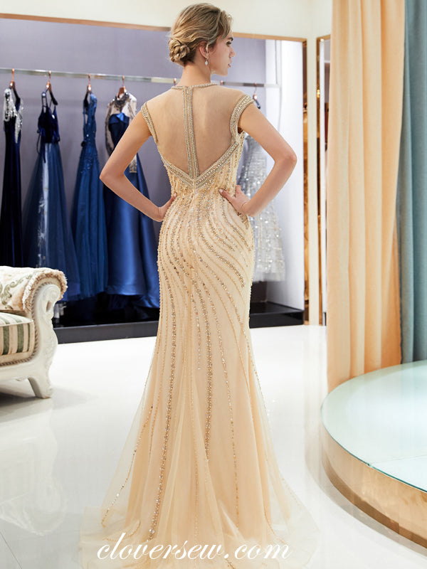 Gold Bead Rhinestone Illusion Neckline Sheath Prom Dresses, CP0250
