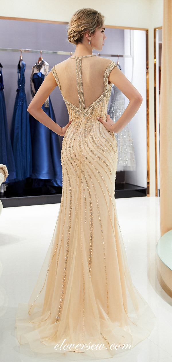 Gold Bead Rhinestone Illusion Neckline Sheath Prom Dresses, CP0250