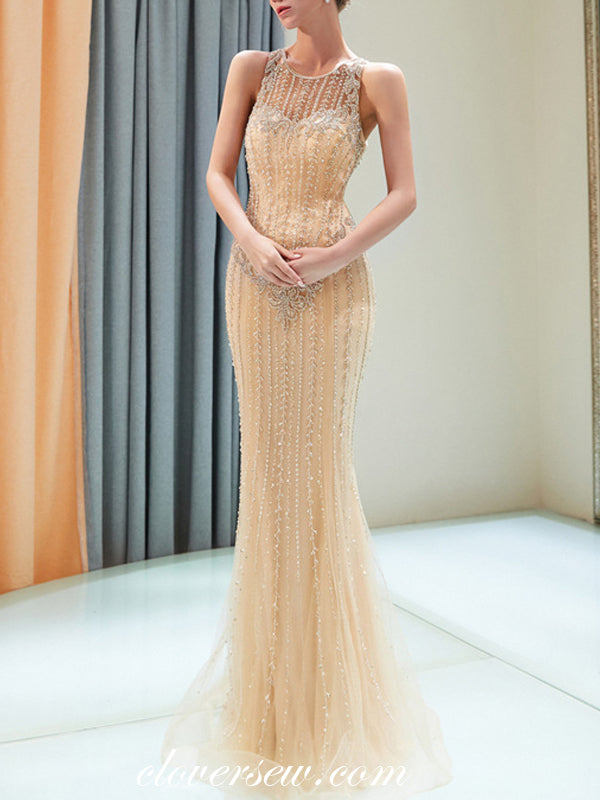 Gold Bead Rhinestone Round Neck Sleeveless Mermaid Prom Dresses,CP0365