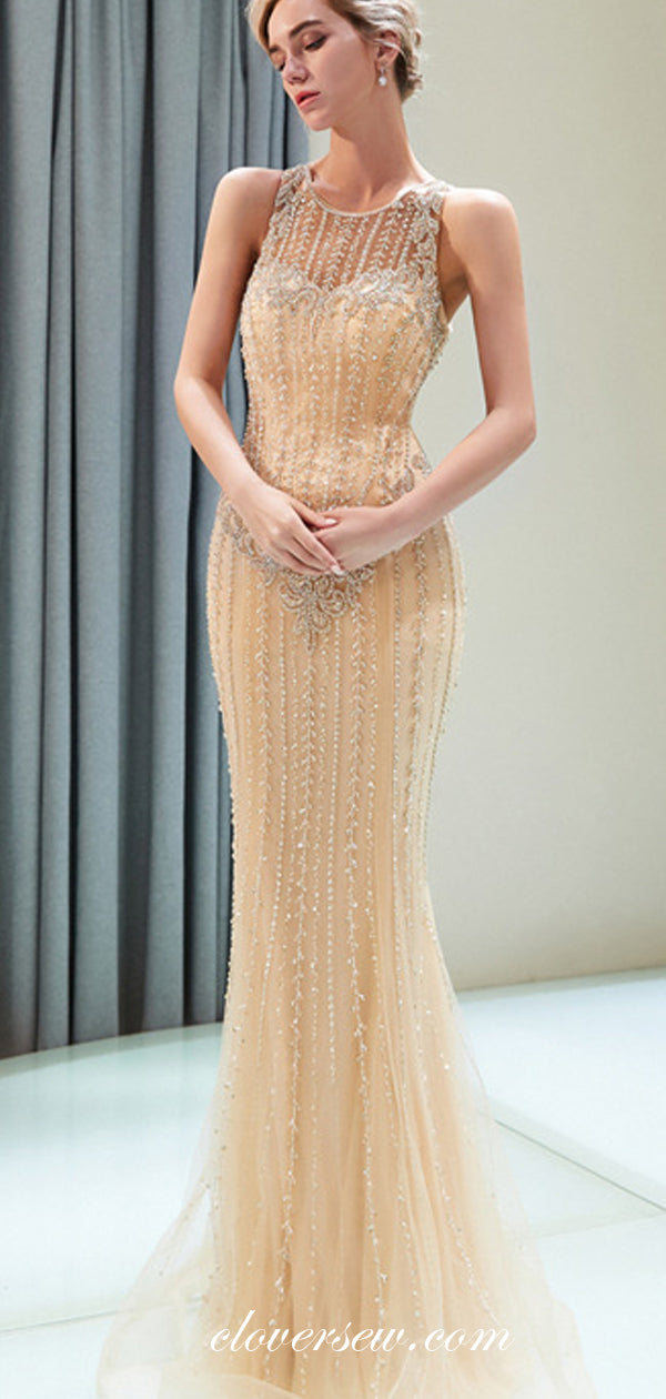 Gold Bead Rhinestone Round Neck Sleeveless Mermaid Prom Dresses,CP0365