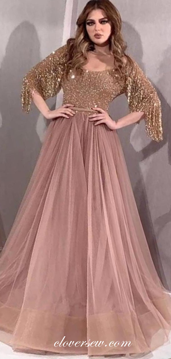 Gold Bead Tassel Dusty Pink Half Sleeves A-line Prom Dresses,CP0129