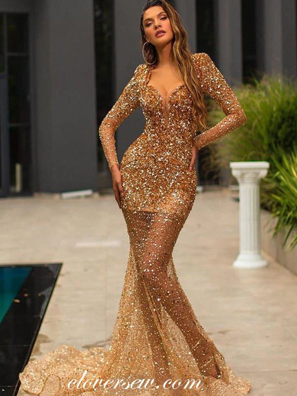 Gold Rhinestone Bead Shiny Long Sleeves Mermaid Prom Dresses,CP0444