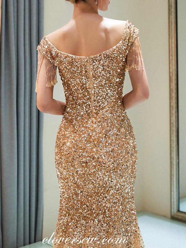 Gold Rhinestone Off The Shoulder With Tassels Mermaid Prom Dresses,CP0368
