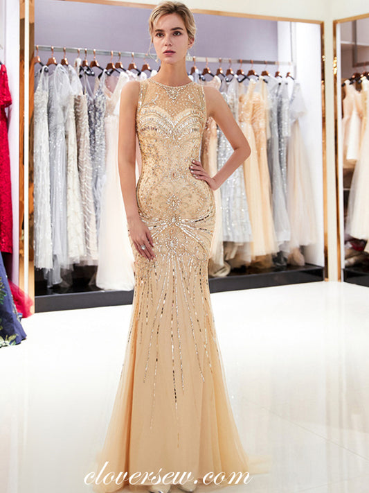 Gold Rhinestone Sequin Illusion Neckline Mermaid Prom Dresses,CP0366