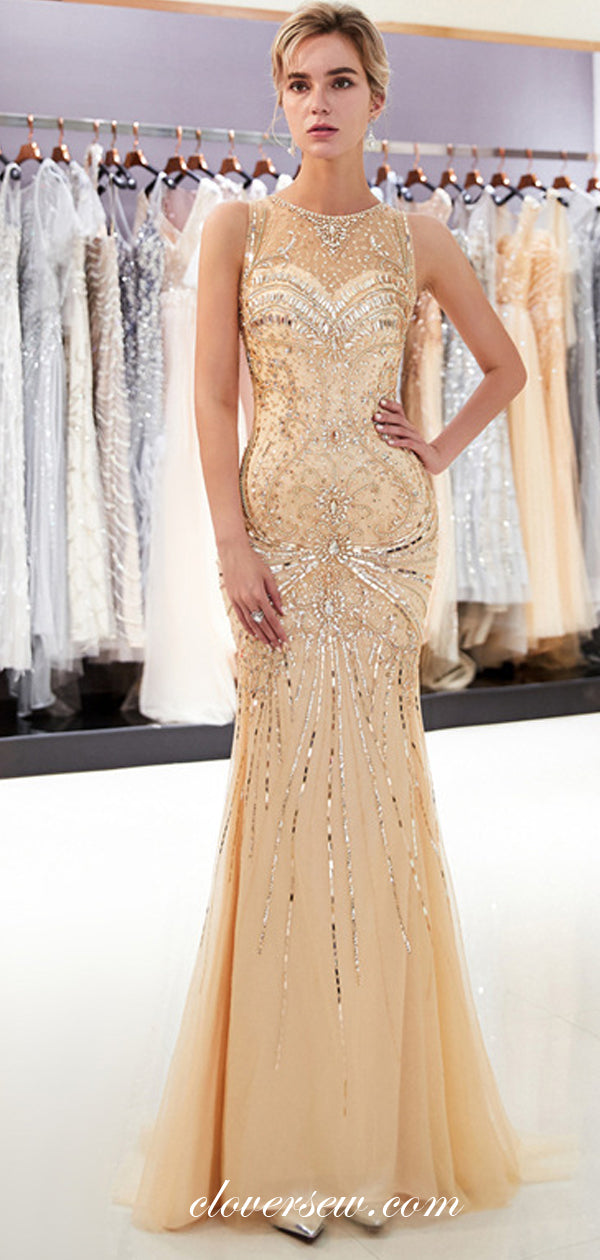 Gold Rhinestone Sequin Illusion Neckline Mermaid Prom Dresses,CP0366 Gold Rhinestone Sequin Illusion Neckline Mermaid Prom Dresses,CP0366