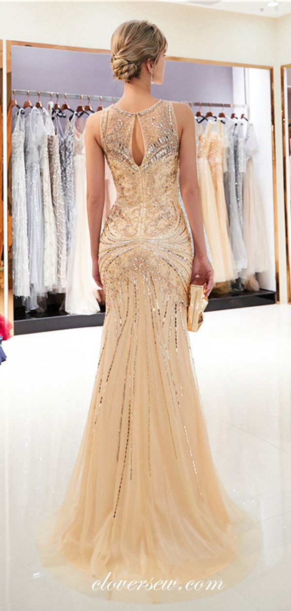 Gold Rhinestone Sequin Illusion Neckline Mermaid Prom Dresses,CP0366 clover sew Gold Rhinestone Sequin Illusion Neckline Mermaid Prom Dresses,CP0366 clover sew