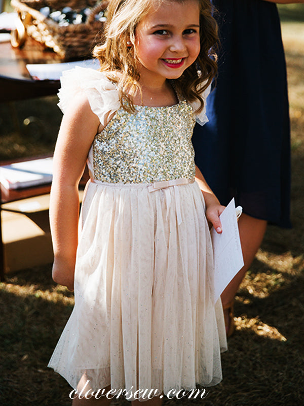 Gold Sequin Blush Pink Tulle Cap Sleeves Flower Girl Dresses, CF0007