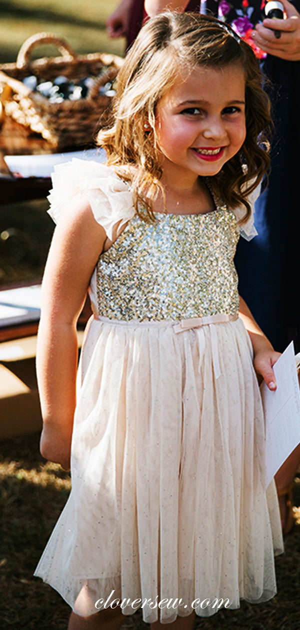 Gold Sequin Blush Pink Tulle Cap Sleeves Flower Girl Dresses, CF0007 clover sew Gold Sequin Blush Pink Tulle Cap Sleeves Flower Girl Dresses, CF0007 clover sew