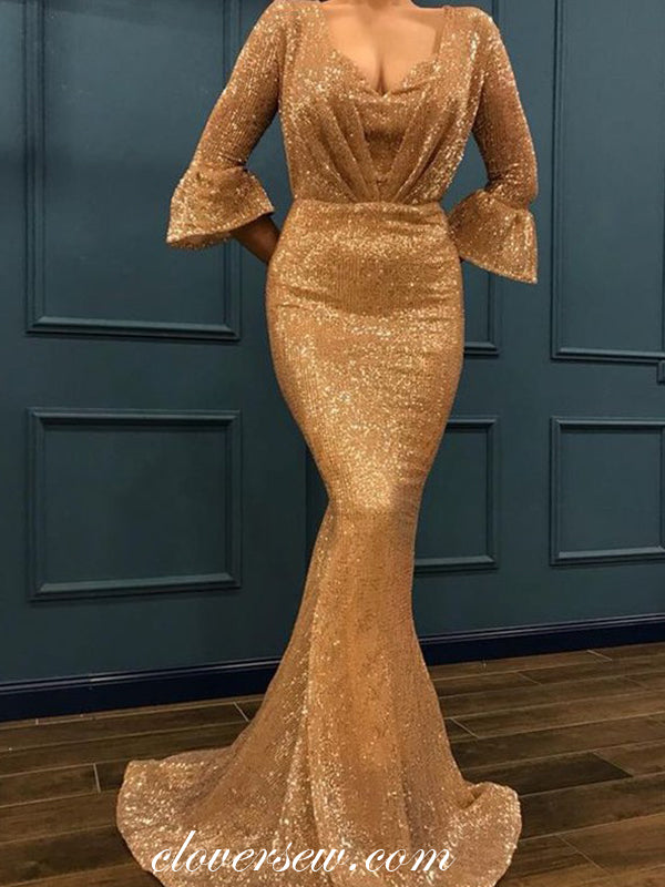 Gold Sequin Half Sleeves Mermaid Shiny Prom Dresses,CP0195
