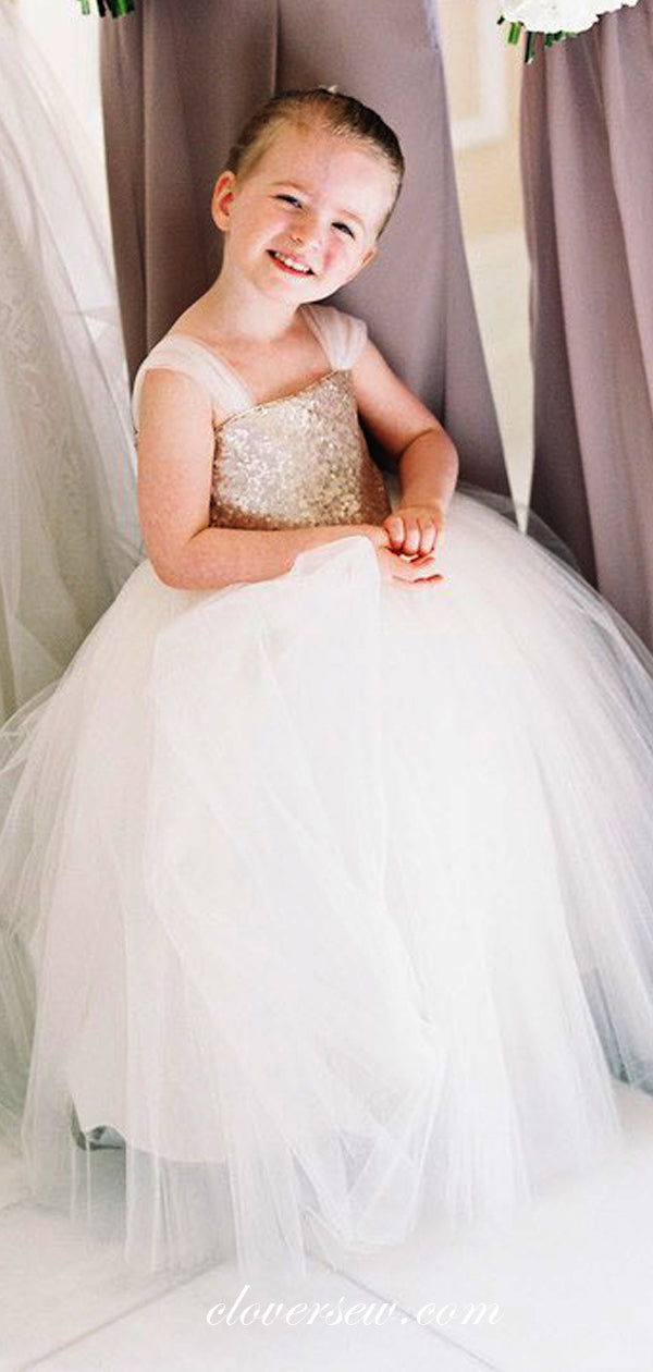Gold Sequin Ivory Tulle Square Neck Ball Gown Flower Girl Dresses, CF0 clover sew Gold Sequin Ivory Tulle Square Neck Ball Gown Flower Girl Dresses, CF0 clover sew