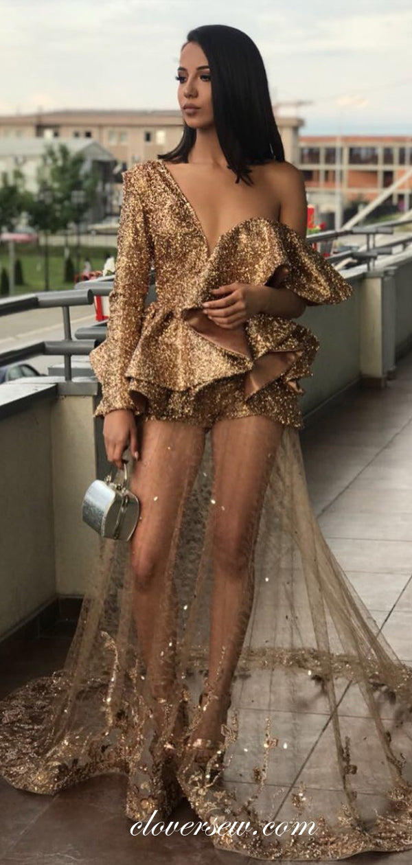 Gold Sequin One Shoulder Long Sleeves See Through Prom Dresses, CP0107