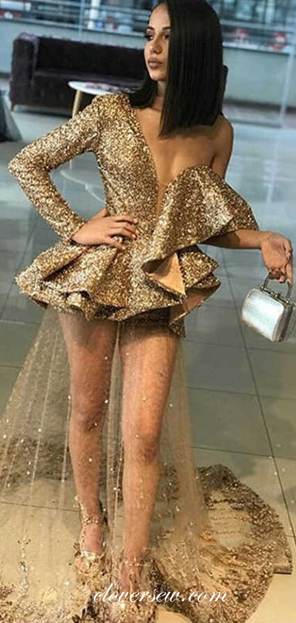 Gold Sequin One Shoulder Long Sleeves See Through Prom Dresses, CP0107 Gold Sequin One Shoulder Long Sleeves See Through Prom Dresses, CP0107