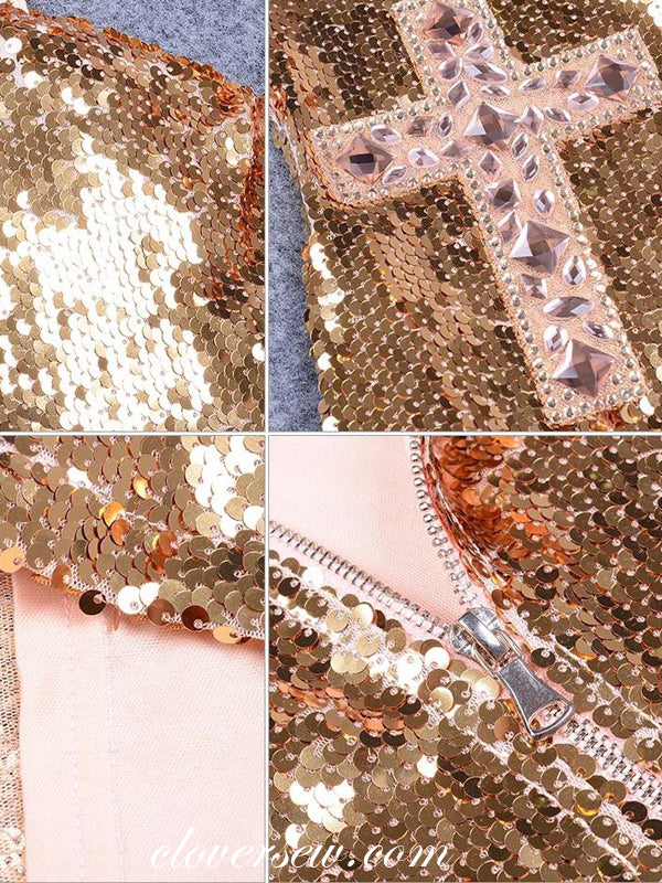 Gold Sequin Rhinestone Spaghetti Strap Sheath Party Drsses, CP0047