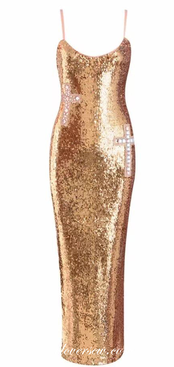 Gold Sequin Rhinestone Spaghetti Strap Sheath Party Drsses, CP0047