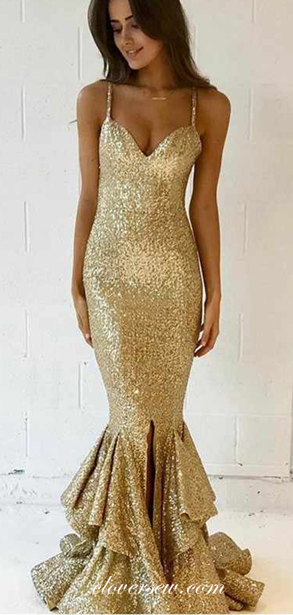 Gold Sequin Spaghetti Strap Ruffles Mermaid Prom Dresses, CP0106 clover sew Gold Sequin Spaghetti Strap Ruffles Mermaid Prom Dresses, CP0106 clover sew
