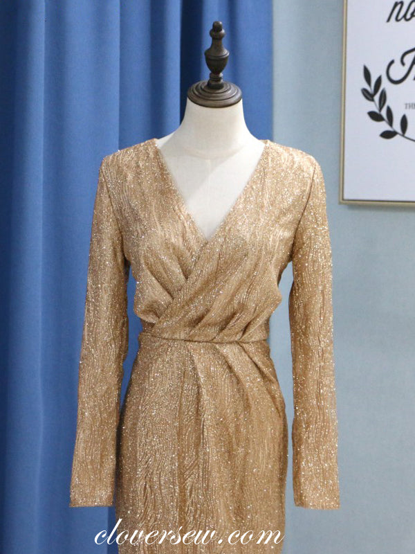 Gold Sequin Tulle Long Sleeves Sheath Shiny Prom Dresses,CP0136