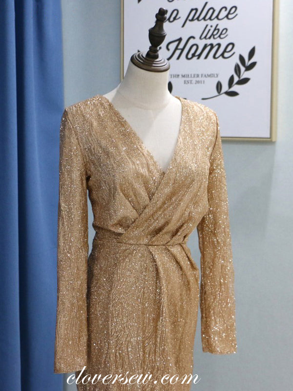 Gold Sequin Tulle Long Sleeves Sheath Shiny Prom Dresses,CP0136