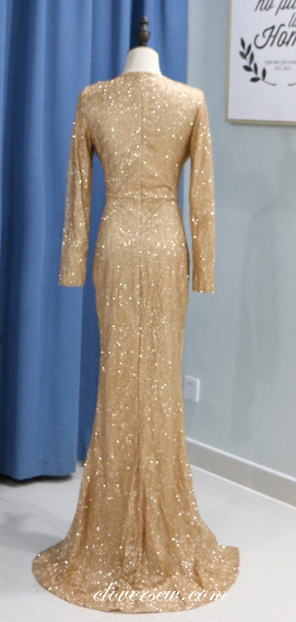 Gold Sequin Tulle Long Sleeves Sheath Shiny Prom Dresses,CP0136