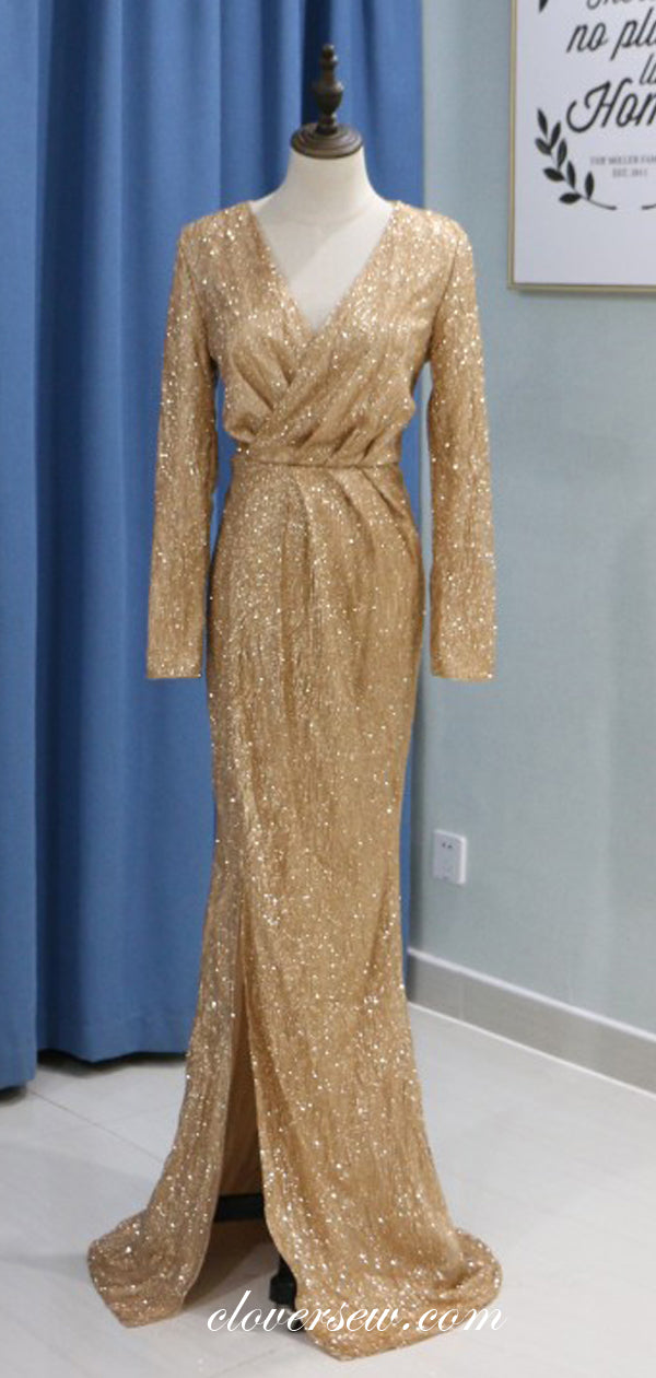 Gold Sequin Tulle Long Sleeves Sheath Shiny Prom Dresses,CP0136