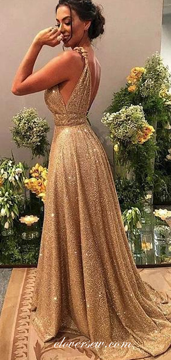 Gold Shiny Sequin Tulle A-line Sleeveless Prom Dresses,CP0400